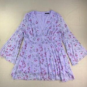 Double Crazy Floral Print Lavender Mini Dress with Long Flared Sleeves Size 2XL